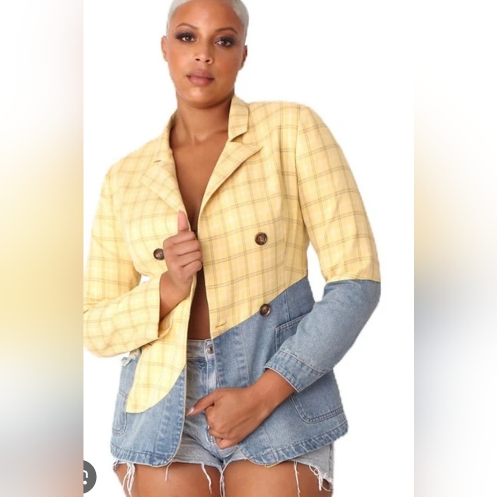 For HER NYC Yellow Plaid and Denim Women's Jacket Sz Xl